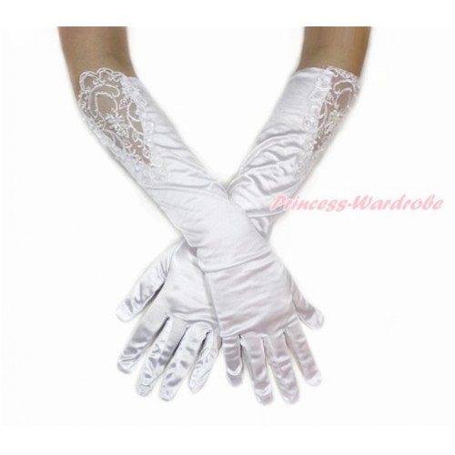 White Wedding Elbow Length Princess Costume Long Lace Bead Satin Gloves PG008 